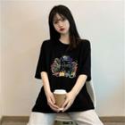 Short-sleeve Round Neck Print Top