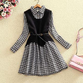 Set: Knit Vest + Long-sleeve Plaid A-line Dress