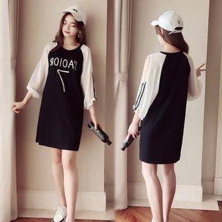 3/4-sleeve Cold-shoulder Lettering Mini T-shirt Dress