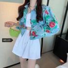 Flower Print Button Denim Jacket As Shown In Figure - One Size