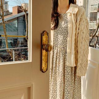 Collar-detail Cable-knit Cardigan Beige - One Size