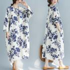 Floral Print Long-sleeve Midi A-line Dress Blue Floral Printed - White - One Size