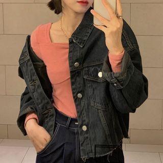One-shoulder Long-sleeve T-shirt / Cropped Denim Button Jacket