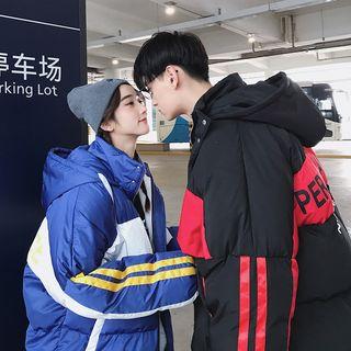 Couple Matching Color Block Lettering Zip Hooded Padded Jacket