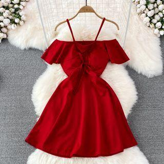 Cold Shoulder Ruffle Drawstring A-line Dress