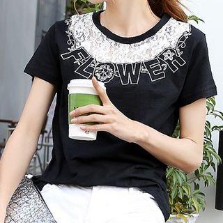 Lace Panel Letter Short-sleeve T-shirt