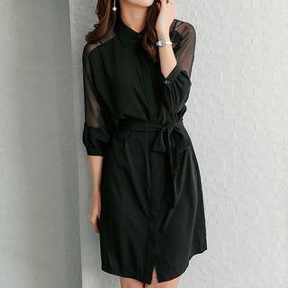 Mesh Panel Elbow-sleeve Shirtdress With Sash