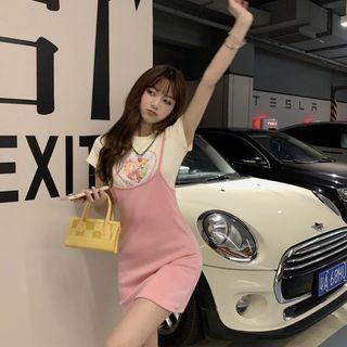 Bear Print Cropped T-shirt / Spaghetti Strap Mini Bodycon Dress