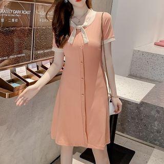 Tie-neck Contrast Trim Dress As Shown In Figure - One Size