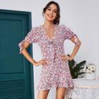 Puff Sleeve V-neck Floral Print Tie-front Ruffled Dress