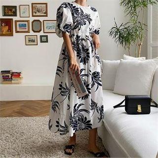 Puff-sleeve Gathered-waist Pattern Dress