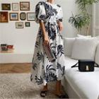 Puff-sleeve Gathered-waist Pattern Dress