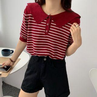 Elbow-sleeve Collared Henley Knit Top