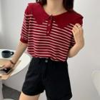 Elbow-sleeve Collared Henley Knit Top