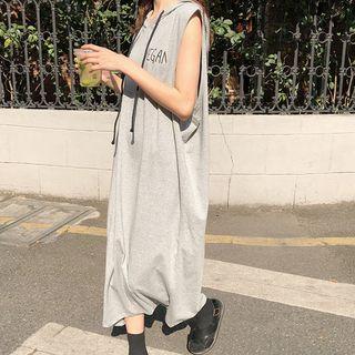 Lettering Sleeveless Hooded Midi T-shirt Dress