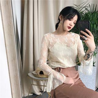 Set : Long-sleeve Lace Top + Spaghetti Strap Top
