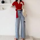 Short-sleeve Wrapped Crop Top / Ripped Wide-leg Jeans