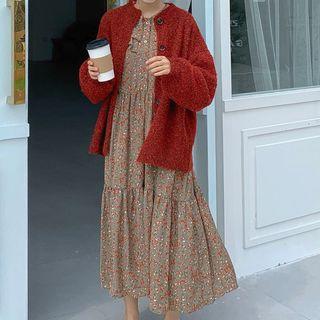 Peter Pan Collar Floral Layered Long Dress / Long-sleeve Plain Knit Cardigan