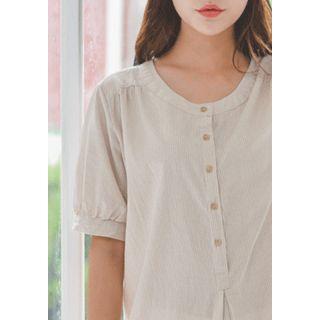 Puff-sleeve Half-placket Stripe Shirtdress
