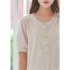 Puff-sleeve Half-placket Stripe Shirtdress
