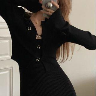 Spaghetti Strap Knit Maxi Dress / Metal-accent Cardigan