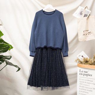 Set: Plain Sweater + A-line Mesh Midi Skirt