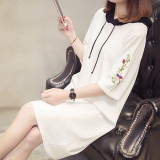 Color Panel Embroidered Elbow Sleeve Hooded Sweater