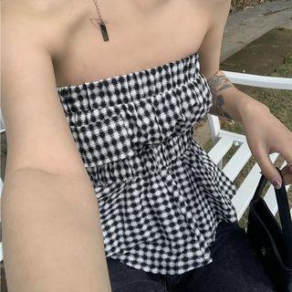 Plaid Flowy Tube Top Plaid - Black & White - One Size