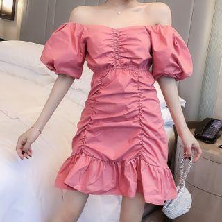 Shirred Off-shoulder Ruffle-hem Mini A-line Dress