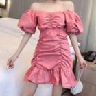 Shirred Off-shoulder Ruffle-hem Mini A-line Dress