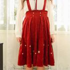 Star Embroidery Corduroy Suspender Skirt Red - One Size
