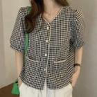 Elbow-sleeve Button-up Gingham Blouse Black - One Size