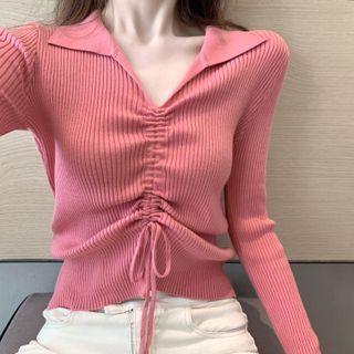 Drawstring Ribbed Polo Knit Top