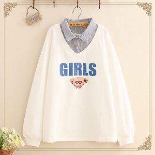 Inset-striped Shirt Bear Embroidered Sweatshirt