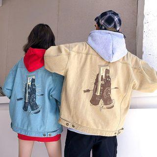 Couple Matching Buttoned Printed Denim Jacket