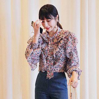 Flora Patterned Ruffle-trim Tie-neck Top