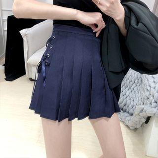 Lace-up Pleated Mini A-line Skirt