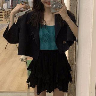 Elbow-sleeve Cropped Jacket / Knit Camisole Top / Tiered Mini A-line Skirt