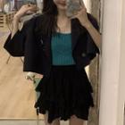 Elbow-sleeve Cropped Jacket / Knit Camisole Top / Tiered Mini A-line Skirt