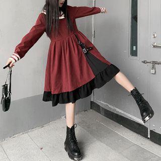 Long-sleeve Sailor Collar A-line Dress Red - One Size