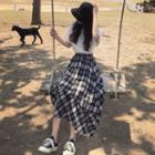 Set: Short-sleeve Strawberry Embroidered T-shirt + Plaid Midi A-line Skirt