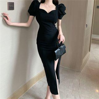 Puff-sleeve Slit Midi Bodycon Dress / Gloves
