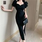 Puff-sleeve Slit Midi Bodycon Dress / Gloves