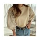 Balloon-sleeve Two-tone Top Beige - One Size