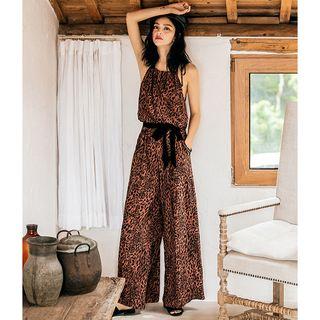 Spaghetti Strap Leopard Print Wide-leg Jumpsuit