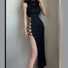 Sleeveless High Neck Strappy Slit Side Bodycon Dress