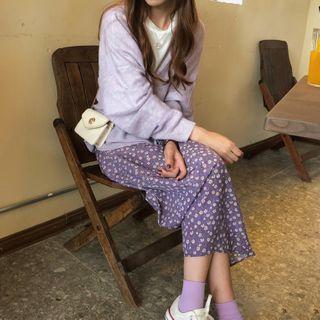 Plain Cardigan / Floral A-line Midi Skirt