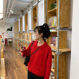 Long-sleeve Plain Knit Zip Cardigan Red - One Size