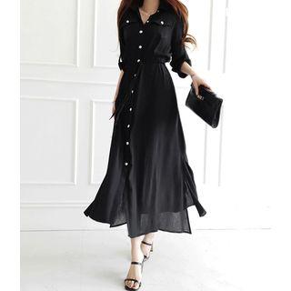 Drawstring-waist Slit-side Sheer Long Shirtdress