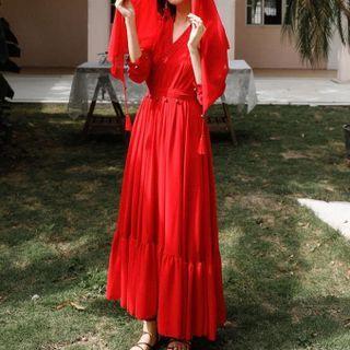 3/4-sleeve V-neck Lace Trim Embellished Midi A-line Dress